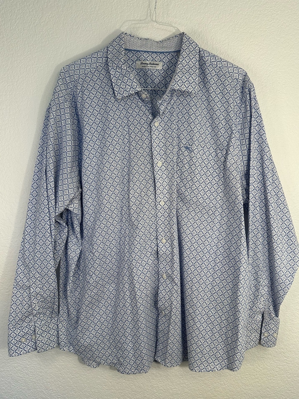 Tommy Bahama Sarasota Stretch Button Down Shirt Men’s XXL Blue White Geometric
